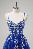 Royal Blue A-Line Spaghetti Straps Applique Sequined Prom Dress with Slit