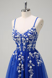 Royal Blue A-Line Spaghetti Straps Applique Sequined Prom Dress with Slit