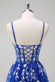 Royal Blue A-Line Spaghetti Straps Applique Sequined Prom Dress with Slit