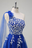 Royal Blue A-Line One Shoulder Watteau Train Appliqued Prom Dress with Lace Up Back