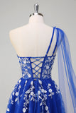 Royal Blue A-Line One Shoulder Watteau Train Appliqued Prom Dress with Lace Up Back