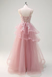 Sparkly Fuchsia A-Line Spaghetti Straps Ruffles Tulle Long Prom Dress with Appliques