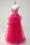 Sparkly Fuchsia A-Line Spaghetti Straps Ruffles Tulle Long Prom Dress with Appliques