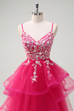 Sparkly Fuchsia A-Line Spaghetti Straps Ruffles Tulle Long Prom Dress with Appliques