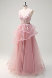 Grey Pink A-Line Spiral Ruffle Tiered Long Corset Prom Dress with Appliques