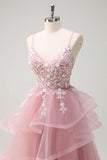 Grey Pink A-Line Spiral Ruffle Tiered Long Corset Prom Dress with Appliques