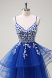 Royal Blue A-Line Tiered Long Appliqued Prom Dress with Sequins