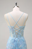 Sparkly Blue Mermaid Spaghetti Straps Sequin Corset Long Prom Dress with Embroidery