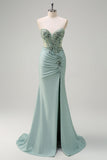 Sparkly Navy Mermaid Sequins Ruched Corset Long Prom Dress with Slit