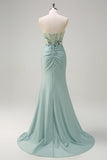 Sparkly Navy Mermaid Sequins Ruched Corset Long Prom Dress with Slit