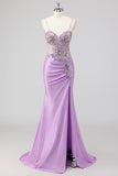 Sparkly Navy Mermaid Sequins Ruched Corset Long Prom Dress with Slit