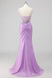 Sparkly Navy Mermaid Sequins Ruched Corset Long Prom Dress with Slit