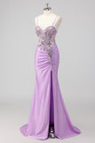 Sparkly Navy Mermaid Sequins Ruched Corset Long Prom Dress with Slit