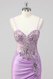 Sparkly Navy Mermaid Sequins Ruched Corset Long Prom Dress with Slit