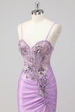 Sparkly Navy Mermaid Sequins Ruched Corset Long Prom Dress with Slit