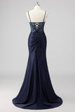 Sparkly Navy Mermaid Sequins Ruched Corset Long Prom Dress with Slit