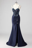 Sparkly Navy Mermaid Sequins Ruched Corset Long Prom Dress with Slit