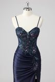 Sparkly Navy Mermaid Sequins Ruched Corset Long Prom Dress with Slit