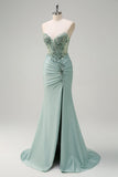 Sparkly Navy Mermaid Sequins Ruched Corset Long Prom Dress with Slit