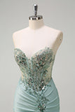 Sparkly Navy Mermaid Sequins Ruched Corset Long Prom Dress with Slit