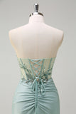 Sparkly Navy Mermaid Sequins Ruched Corset Long Prom Dress with Slit