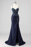 Purple Mermaid Spaghetti Straps Corset Sequin Long Prom Dress