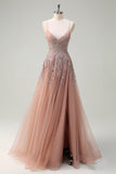 Lavender A Line Spaghetti Straps Tulle Beaded Long Prom Dress with Slit