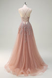 Lavender A Line Spaghetti Straps Tulle Beaded Long Prom Dress with Slit