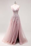 Lavender A Line Spaghetti Straps Tulle Beaded Long Prom Dress with Slit