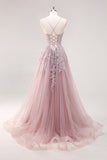 Lavender A Line Spaghetti Straps Tulle Beaded Long Prom Dress with Slit