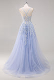 Lavender A Line Spaghetti Straps Tulle Beaded Long Prom Dress with Slit