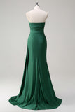 Glitter Dark Green Strapless Mermaid Long Prom Dress with Slit