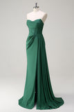 Glitter Dark Green Strapless Mermaid Long Prom Dress with Slit