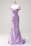 Lilac Mermaid Off the Shoulder Ruched Long Prom Dress