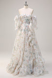 White Floral A Line Off The Shoulder Print Floral Long Prom Dress with Ruffle Slit