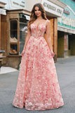 Pink Off The Shoulder A-Line Corset 3D Butterflies Floral Prom Dress with Slit