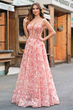 Pink Off The Shoulder A-Line Corset 3D Butterflies Floral Prom Dress with Slit