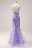 Sparkly Purple Mermaid Spaghetti Straps Corset Long Sequin Prom Dress