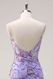 Sparkly Purple Mermaid Spaghetti Straps Corset Long Sequin Prom Dress