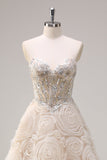 Light Champagne Princess Strapless Floral Corset Long Prom Dress with Sequins