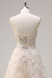 Light Champagne Princess Strapless Floral Corset Long Prom Dress with Sequins