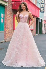 Sparkly Princess Pink Strapless Corset Floral Long Prom Dress With Sequins