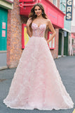 Sparkly Princess Pink Strapless Corset Floral Long Prom Dress With Sequins