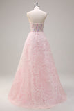 Sparkly Pink Princess Strapless Floral Corset Long Prom Dress With Sequins