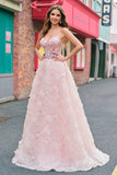 Sparkly Princess Pink Strapless Corset Floral Long Prom Dress With Sequins