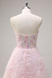 Sparkly Pink Princess Strapless Floral Corset Long Prom Dress With Sequins