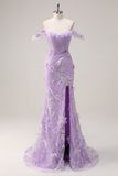 Lilac Off the Shoulder Mermaid Long Corset Prom Dress with 3D Appliques Slit