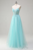 Sky Blue Spaghetti Straps Beaded A-Line Prom Dress with Appliques