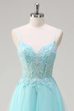 Sky Blue Spaghetti Straps Beaded A-Line Prom Dress with Appliques