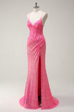 Sparkly Hot Pink Sequin Corset Mermaid Prom Dress with Slit